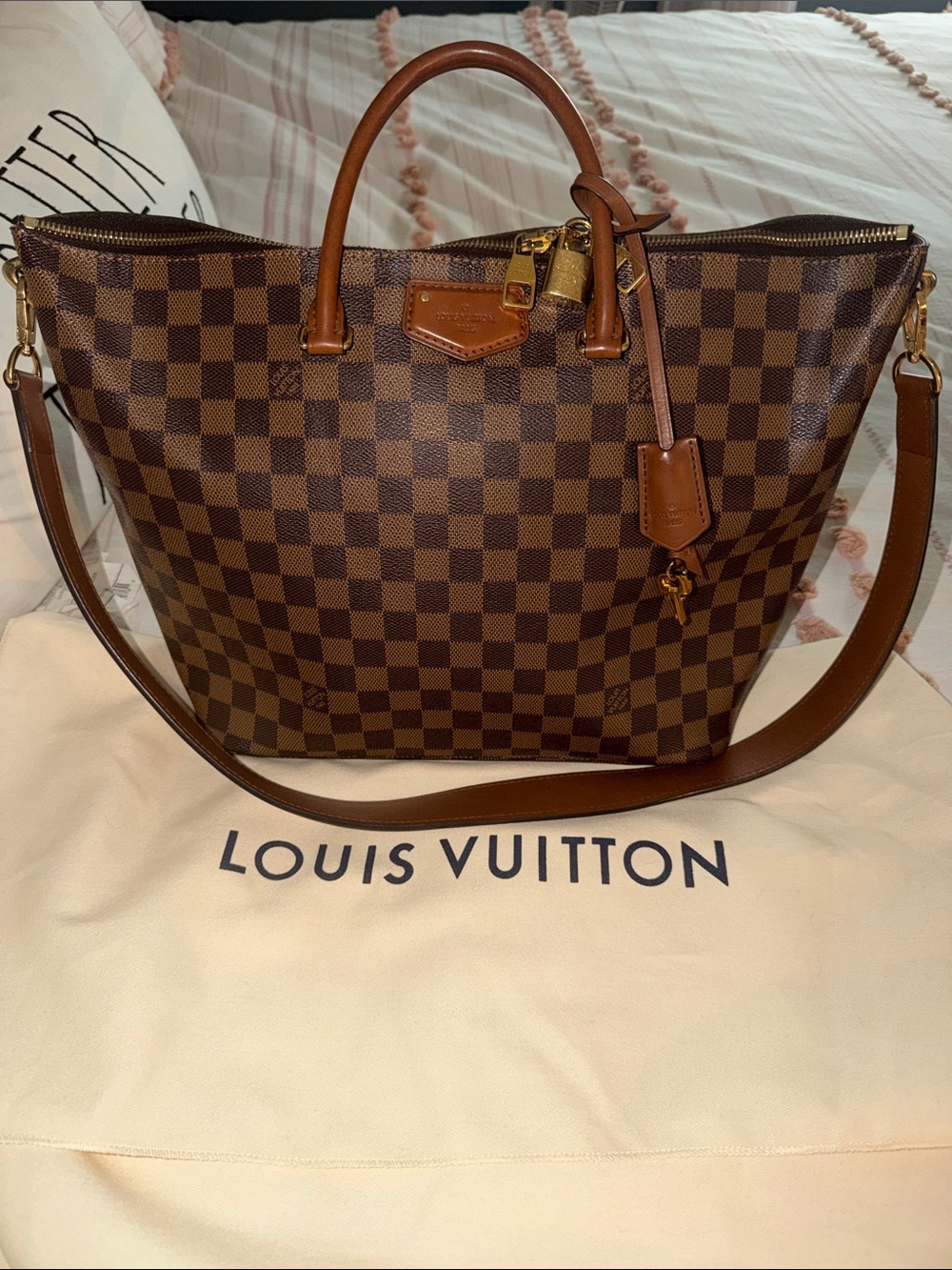 Auth Louis Vuitton Belmont Damier Ebene Tote Bag with COA, strap and lock w/keys